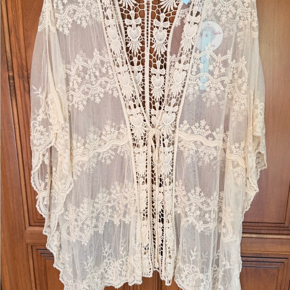 She + Sky Cream Lace Embroidered Sheer Kimono